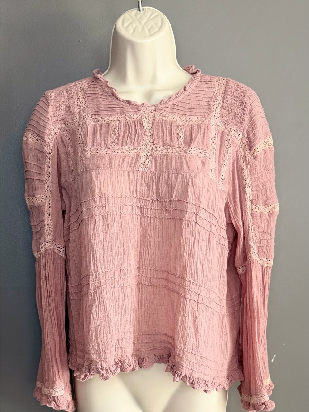 Free People Olivia Peony Bohemian Eyelet Lace Top Bell Long Sleeve Blouse XL